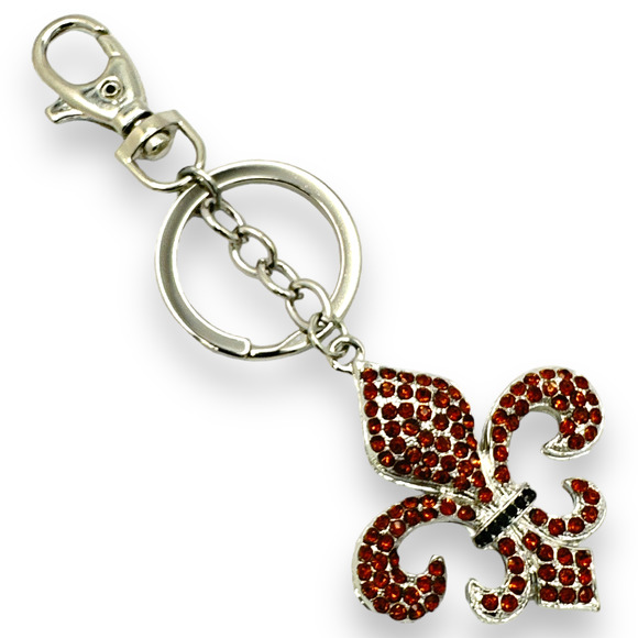 Fleur de Lis Keychain Orange & Black Rhinestones, Split Key Ring & Clip Gift Bag - Picture 4 of 4